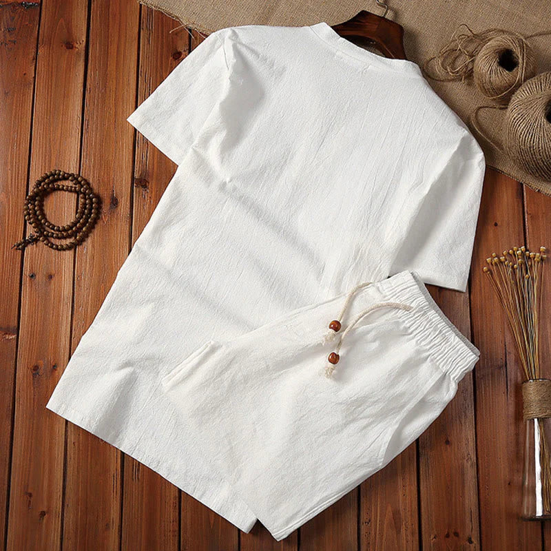 Buddha Stones 2Pcs Plain Notched Collar Short Sleeve T-Shirt Shorts With Pockets Cotton Linen Men's Meditation Cloth Set