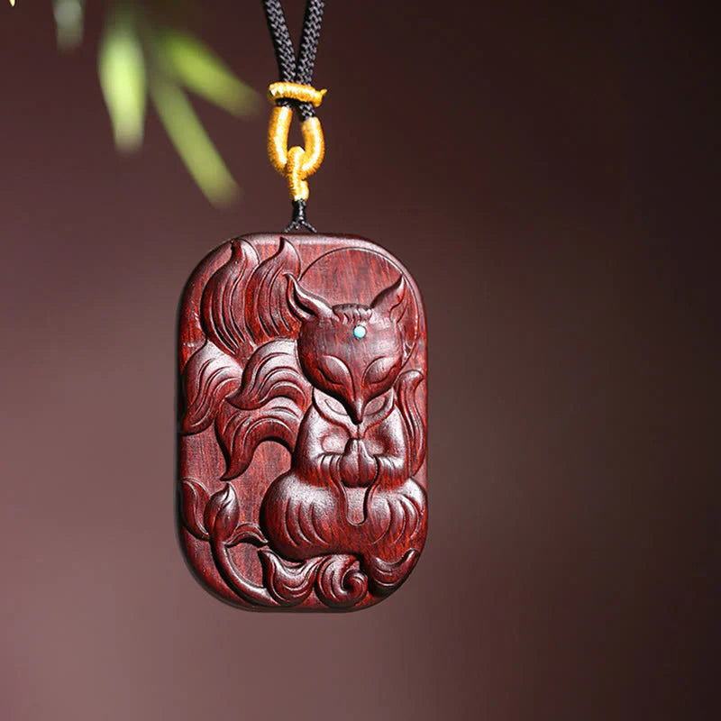 Buddha Stones Small Leaf Red Sandalwood Nine Tailed Fox Pattern Longevity Necklace Pendant (Extra 35% Off | USE CODE: FS35)