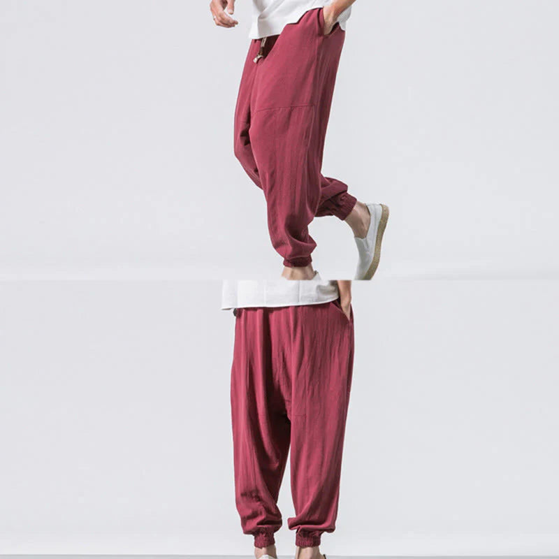Buddha Stones Men's Plain Simple Drawstring Design Cotton Harem Pants With Pockets