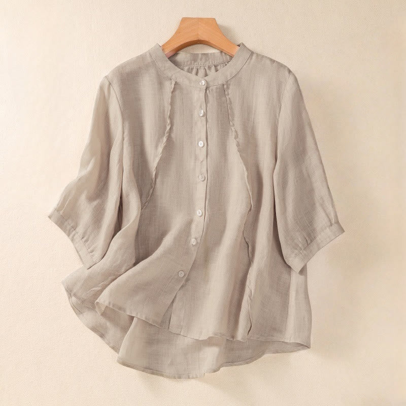 Buddha Stones Casual Daily Plain Button Ruffled Design Stand Collar Women's Cotton Linen Three Quarter Sleeve Shirt Cardigan