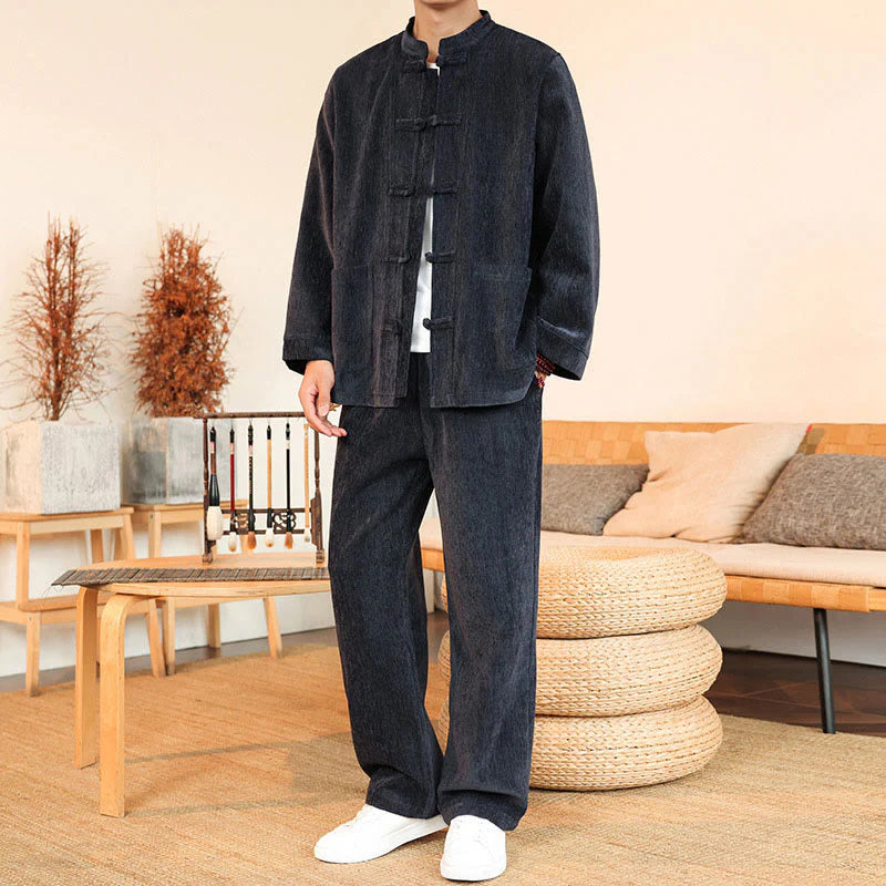 Buddha Stones 2Pcs Winter Thick Men's Tang Suit Frog-Button Cotton Corduroy Long Sleeve Jacket Pants Set With Pockets