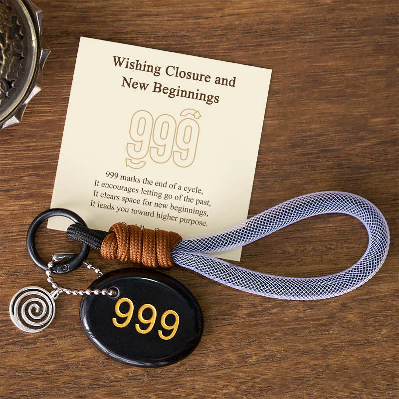 Buddha Stones Wishing Closure and New Beginnings 999 Angel Number Natural Black Obsidian Key Chain Hanging Decoration Includes Gift Message Card