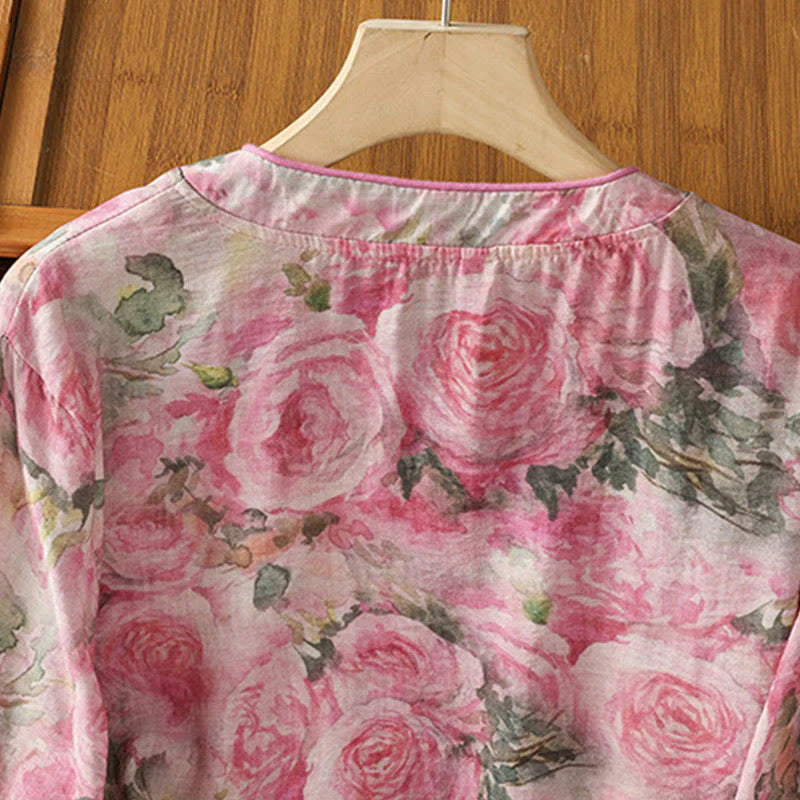 Buddha Stones Printing Floral Plain Chinese Frog-Button Women's Cotton Three Quarter Sleeve Shirt