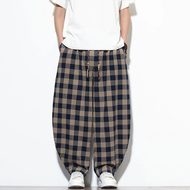 Buddha Stones Summer Plaid Pattern High Waist Drawstring Men's Harem Pants With Pockets