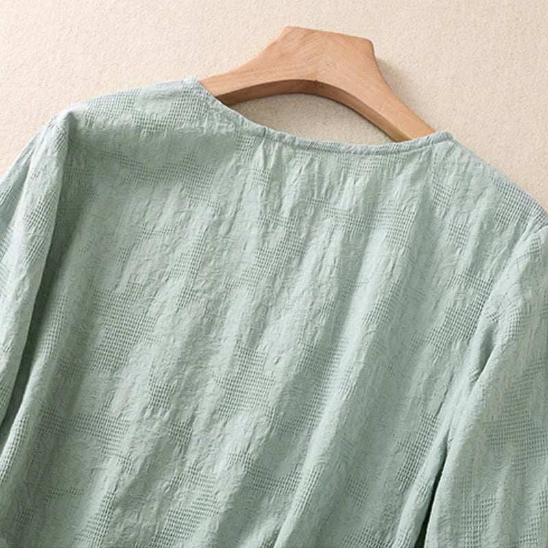 Buddha Stones Jacquard Irregular Hem Pleated Design Women's Cotton Long Sleeve Shirt