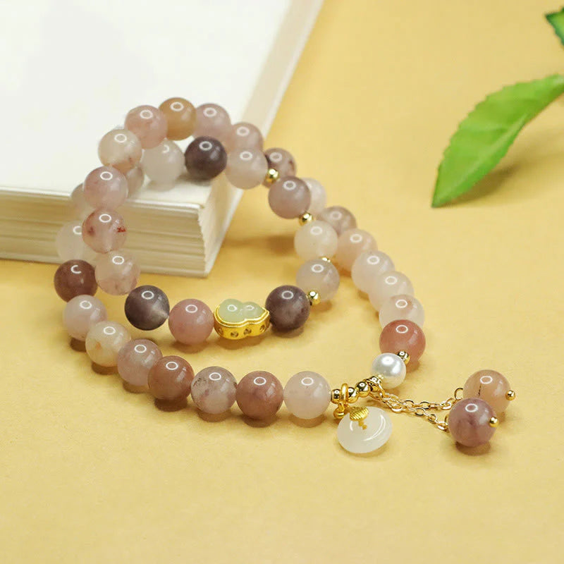 Buddha Stones Natural Golden Silk Jade Double Layer Gourd Peace Buckle Luck Bracelet