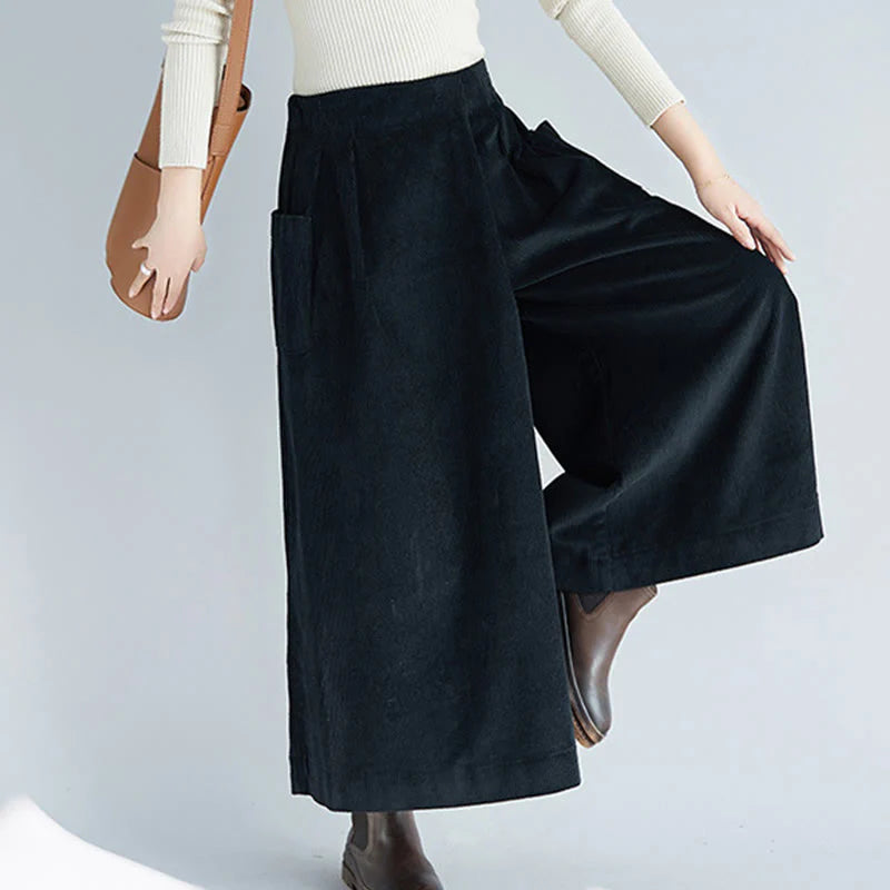 Buddha Stones Women's Plain Side Zipper Design Wide Leg Corduroy 7-8 Length Pants With Pockets