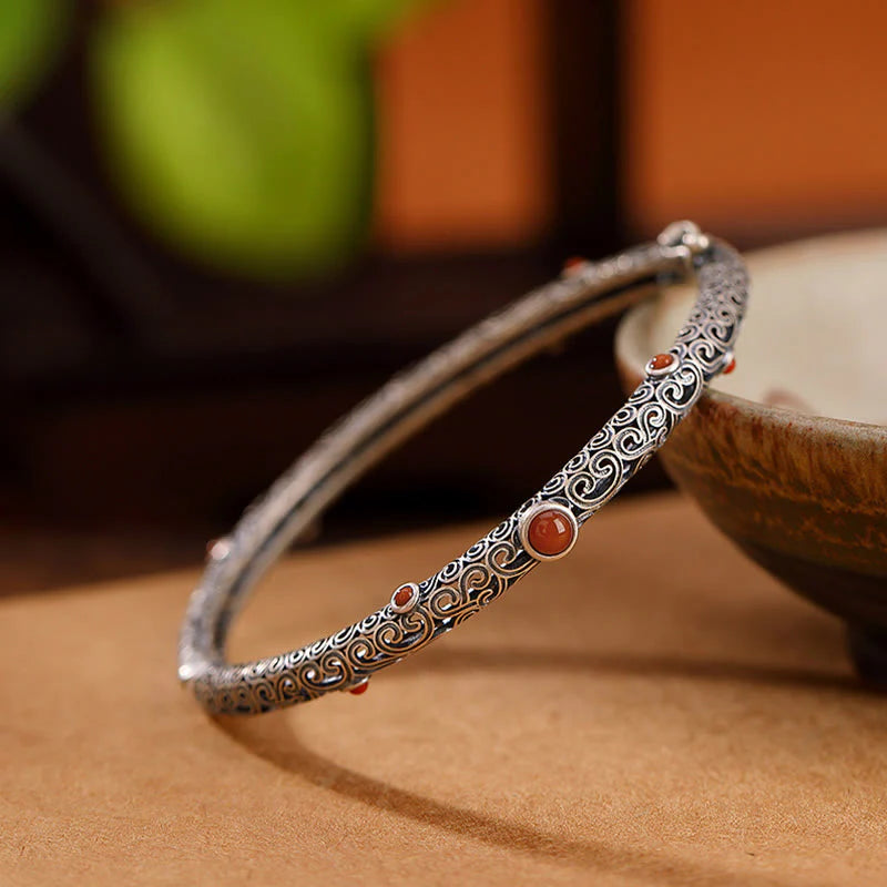 Vintage Tang Dynasty Flower Design Engraved Red Agate Copper Luck Bracelet Bangle