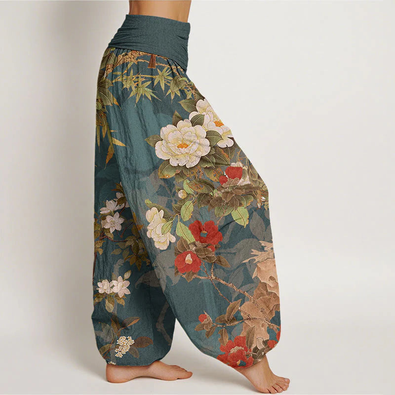 Buddha Stones Cotton Casual Peony Flowers Leaves Magpie Women's Elastic Waist Harem Pants