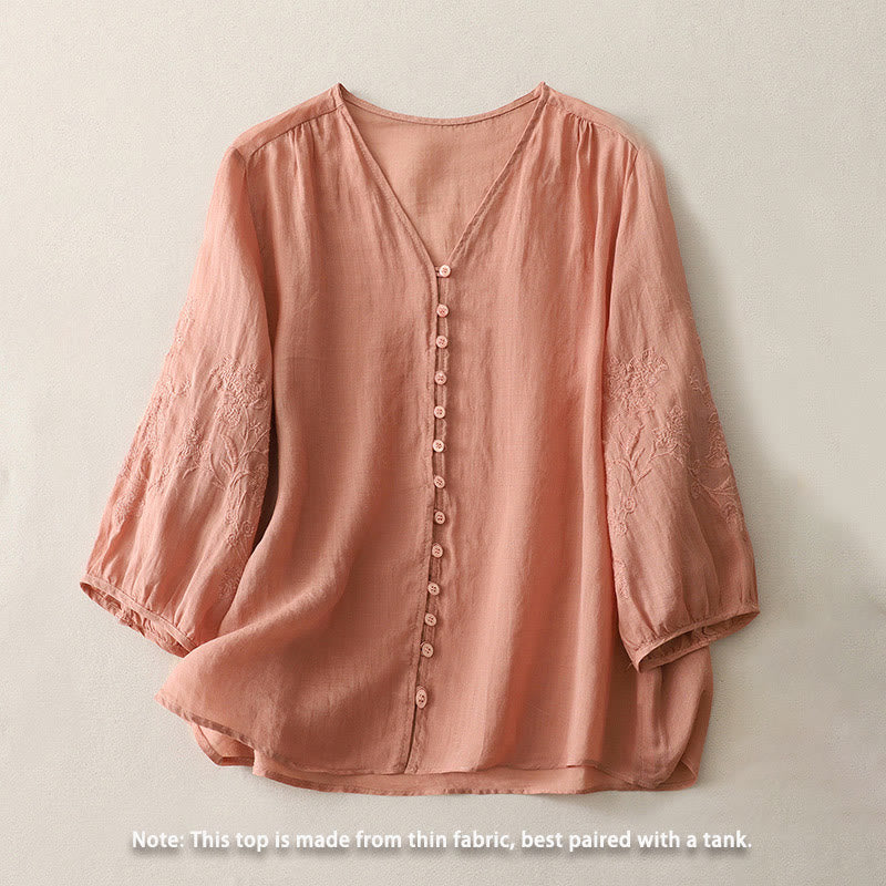 Buddha Stones Embroidery Button-down Women's Cotton Linen Shirt