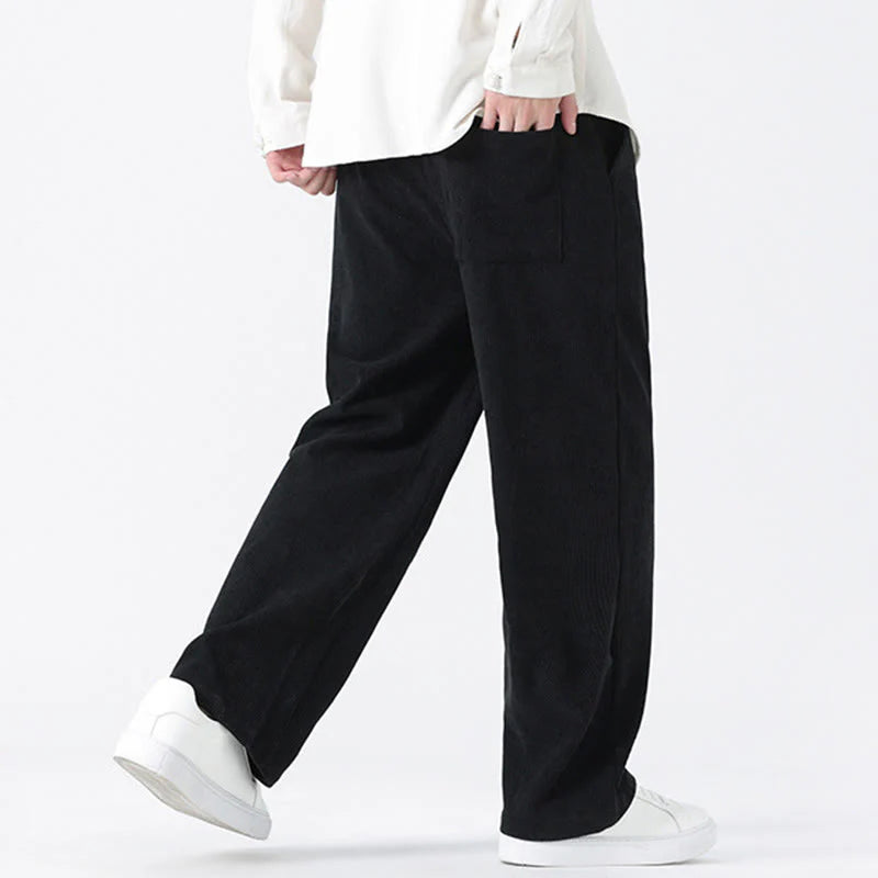 Buddha Stones Plain Chinese Frog-Button Design Drawstring Men's Corduroy Pants With Pockets