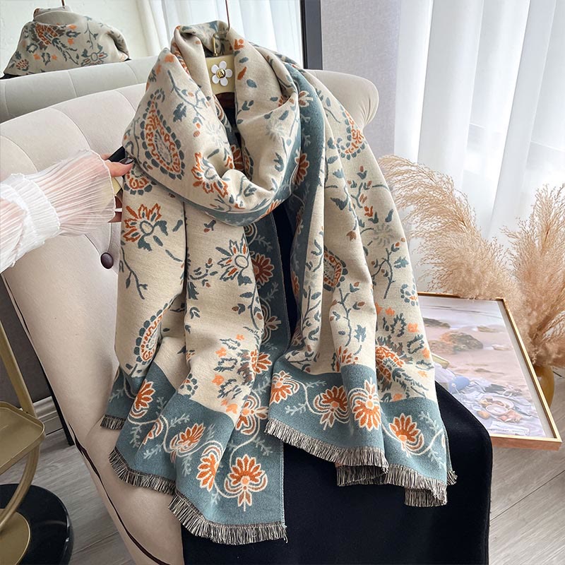 Buddha Stones Thickened Winter Paisley Flowers Vines Pattern Soft Scarf Shawl