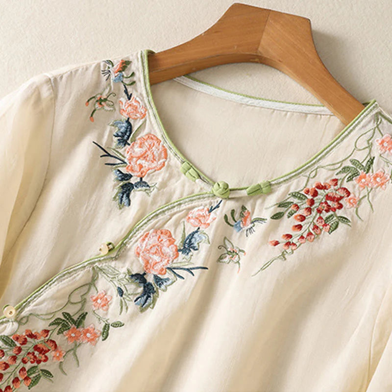 Buddha Stones Embroidery Flower Hem Slit Design Half Sleeve Cotton Linen Zen Midi Dress