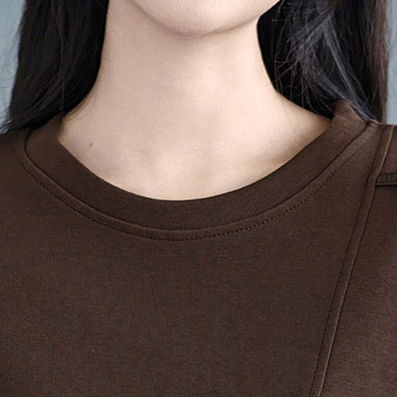 Buddha Stones Fall Solid Color Asymmetrical Design Crew Neck Long Sleeve Women's Cotton Sweatshirt