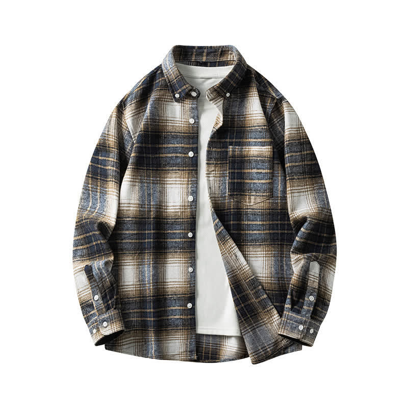 Buddha Stones Commute Multicolor Plaid Button Men's Cotton Long Sleeve Shirts With Pocket