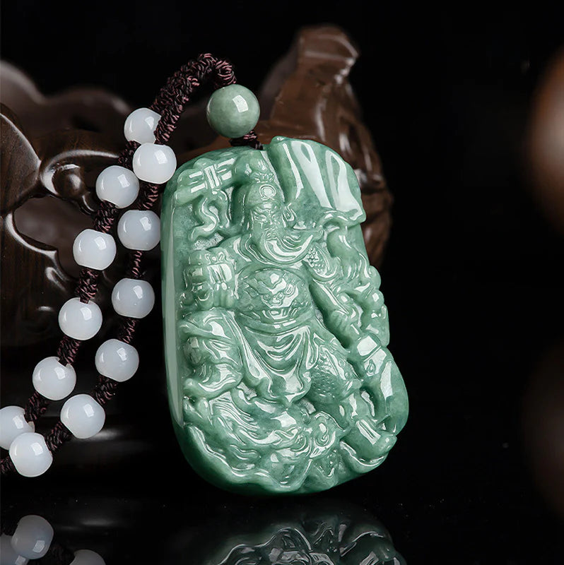 Buddha Stones Natural Jade Guan Gong Amulet Wealth Necklace Pendant