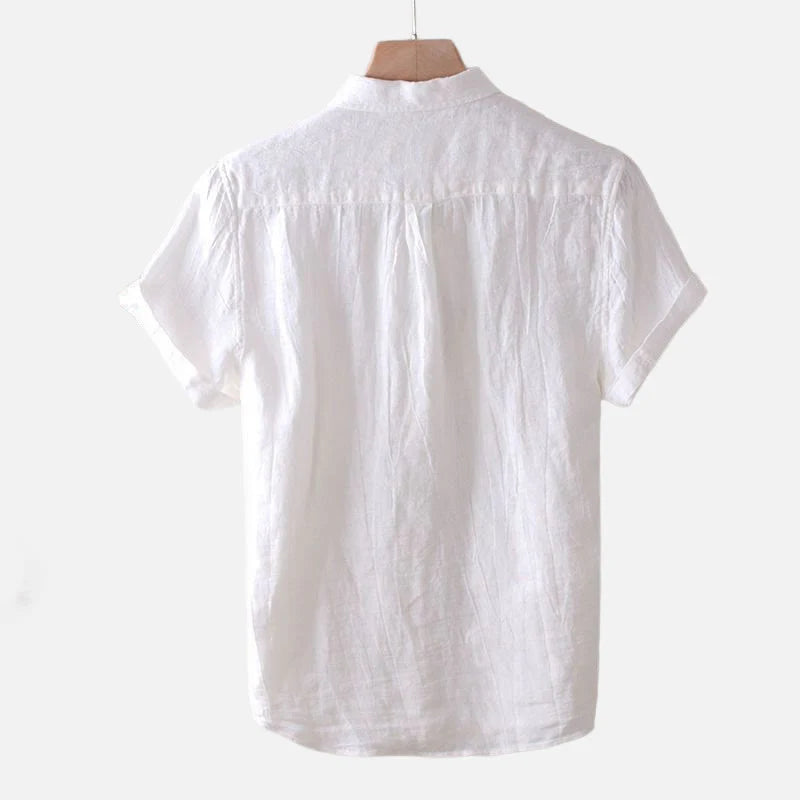 Buddha Stones Men's Shirt Solid Color Lapel Top Short Sleeve Comfy Button Crease Cotton Linen Shirt