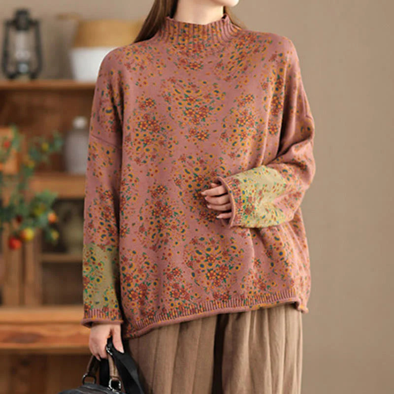 Buddha Stones Fall Printing Floral Long Sleeve Mock Neck Women's Knitted Cotton Sweater