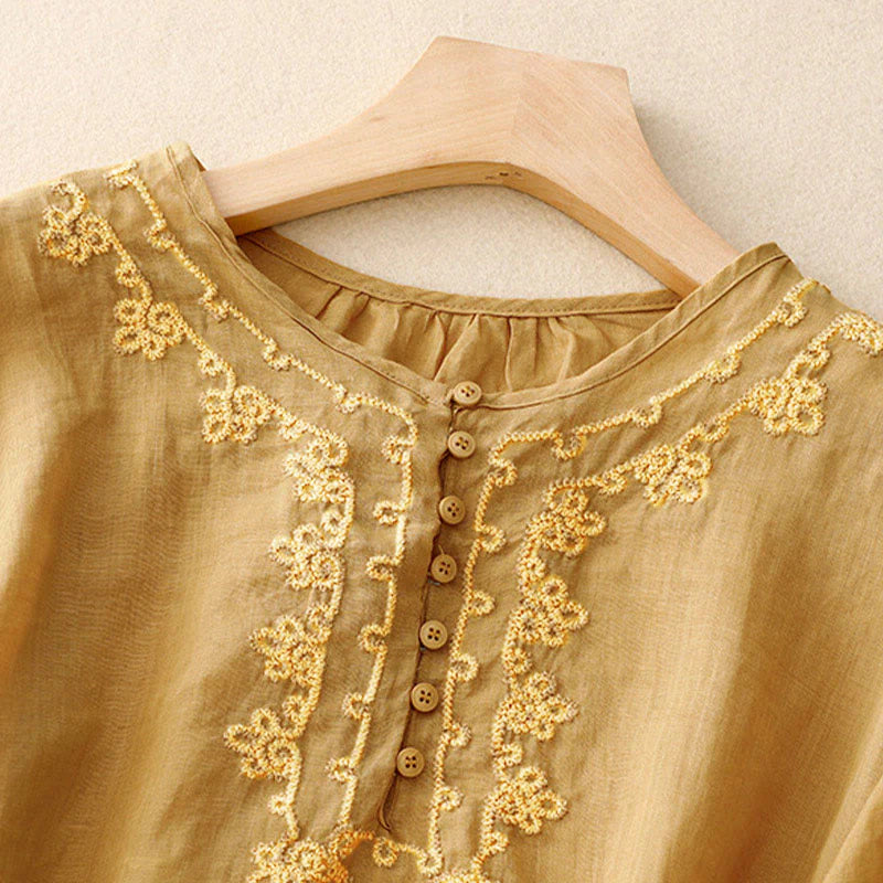 Buddha Stones Casual Women's Plain Frog Buckle Design Half Sleeve Shirt
