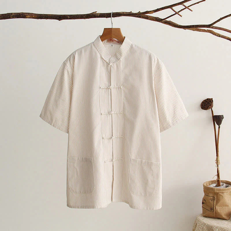 Buddha Stones Chinese Frog-Button Tang Suit Men's Short Sleeve Cotton Shirt With Pockets