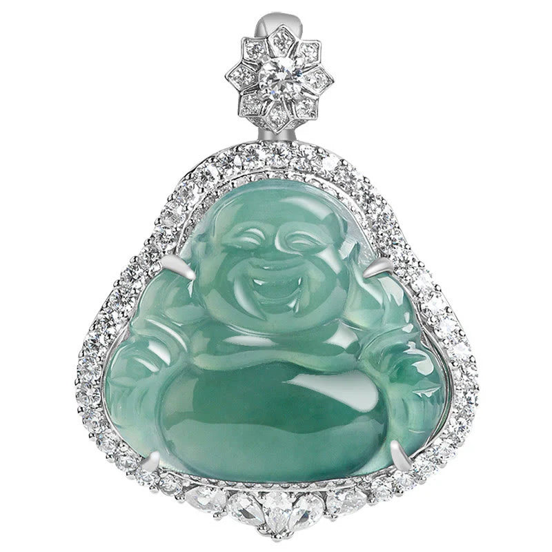 Buddha Stones Laughing Buddha Natural Jade Luck Abundance Titanium Steel Chain Necklace Pendant