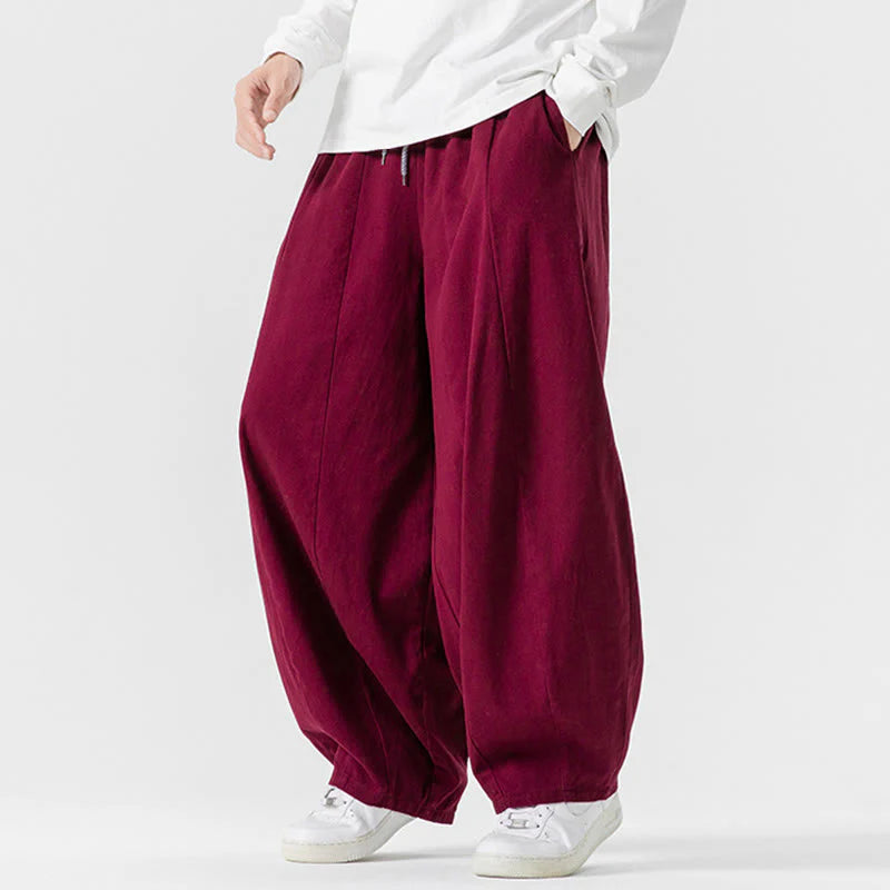 Buddha Stones Fall Solid Color Cotton Elastic Waist Men's Harem Pants With Pockets