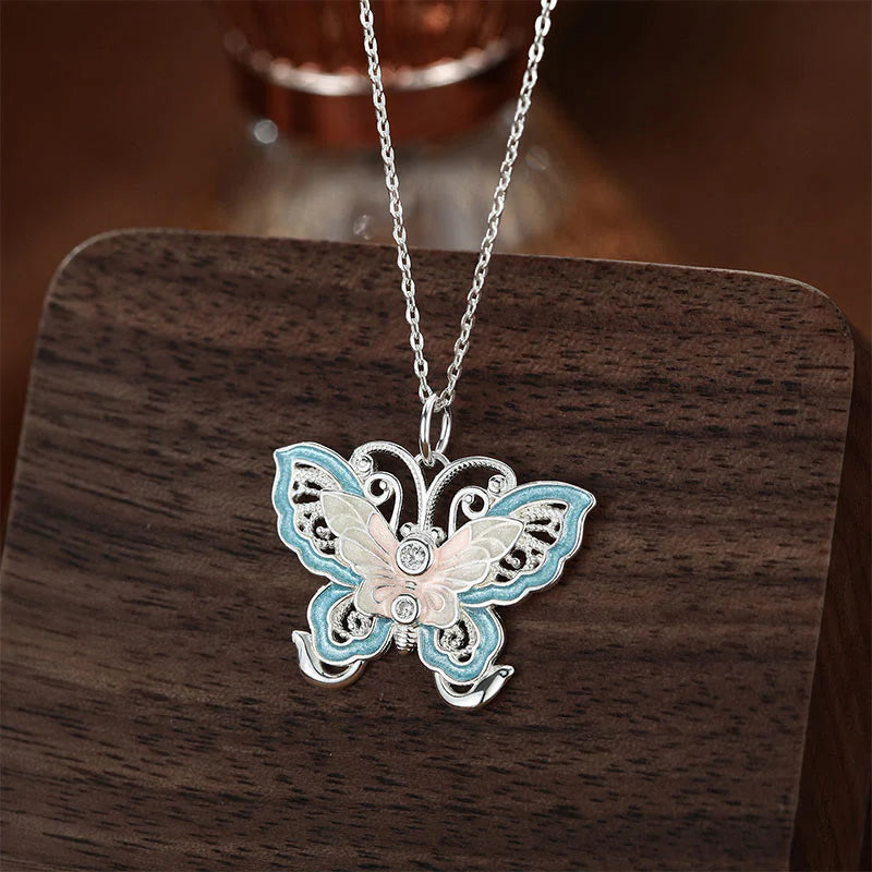 Buddha Stones 999 Sterling Silver Butterfly Blue Enamel Protection Necklace Pendant