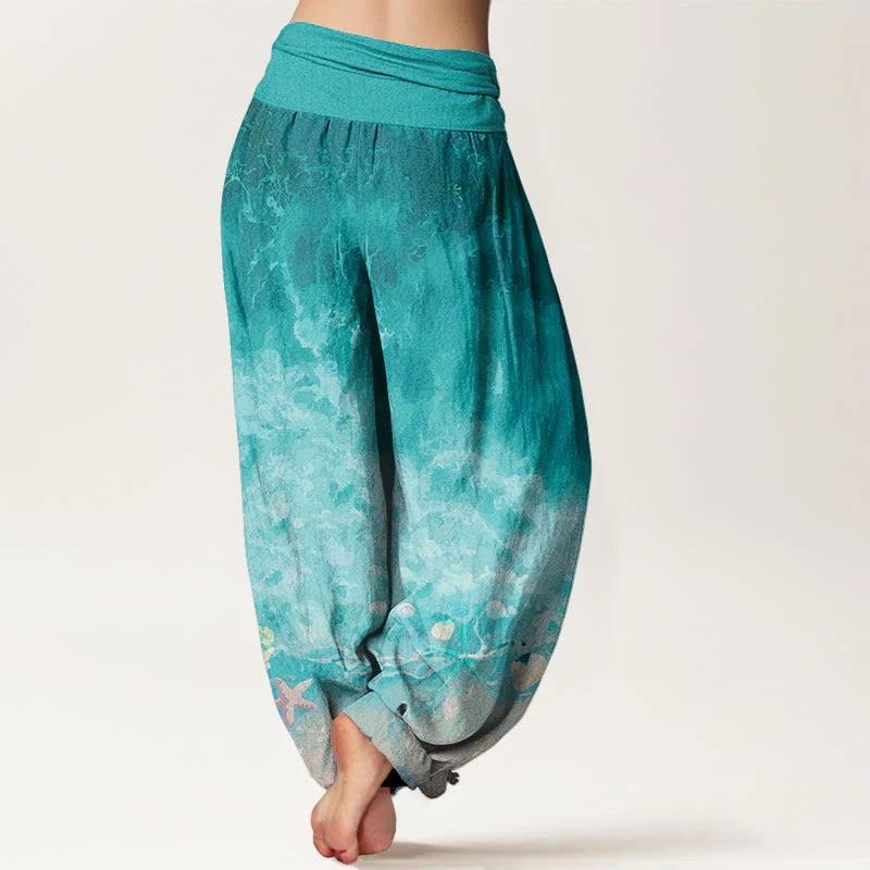 Buddha Stones Cotton Vast Ocean Pattern Women's Elastic Waist Harem Pants