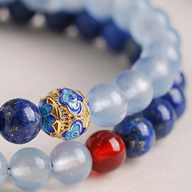 Buddha Stones Lapis Lazuli Aquamarine Red Agate Double Wrap Design Balance Bracelet