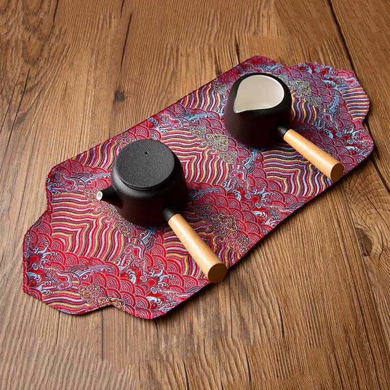 Buddha Stones Sea Wave Bamboo Plum Blossom Brocade Embroidery Cup Mat Pad Tea Cup Coaster Kung Fu Tea Mat