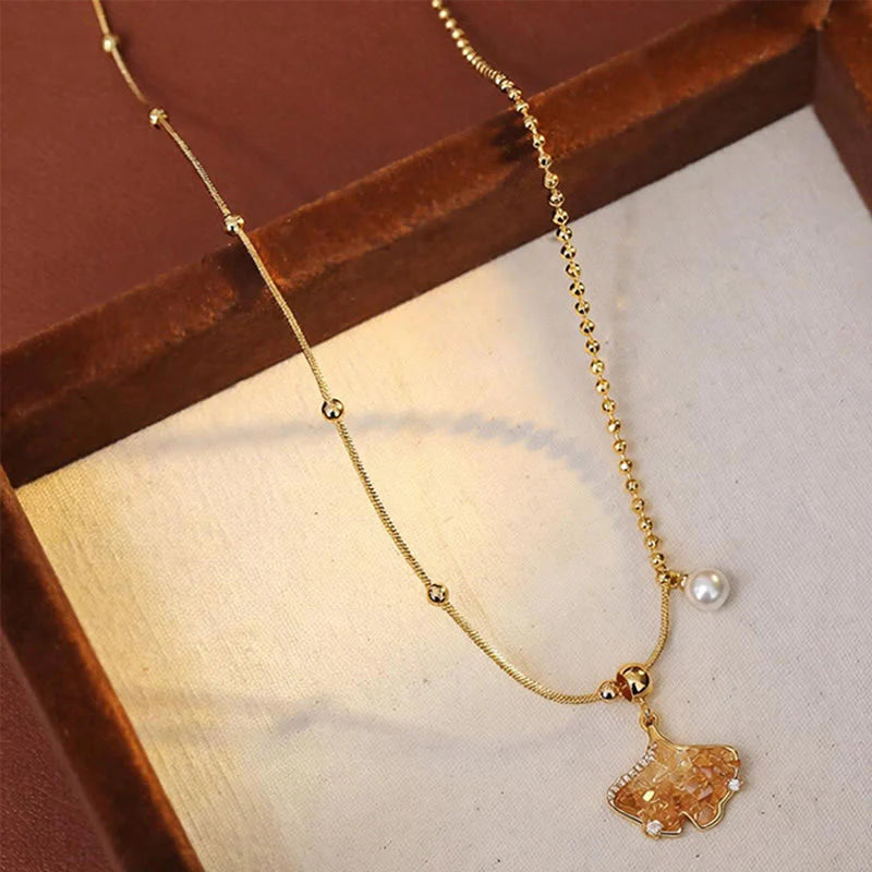 Buddha Stones Champagne Citrine Copper Pearl Properity Protection Necklace Pendant