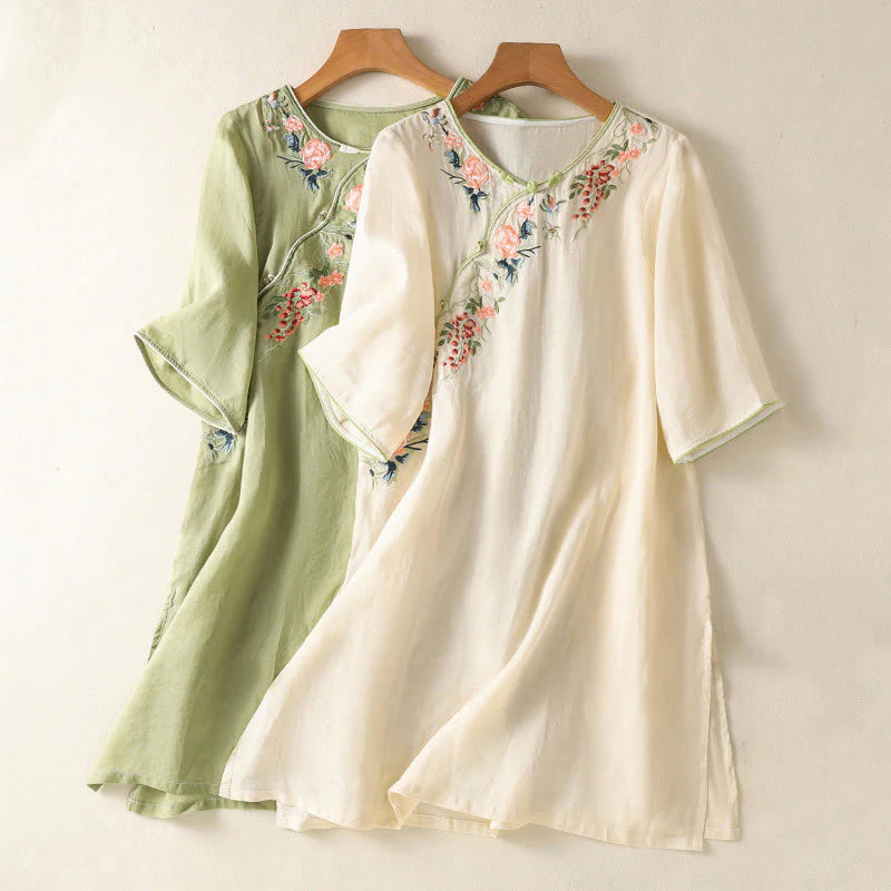 Buddha Stones Embroidery Flower Hem Slit Design Half Sleeve Cotton Linen Zen Midi Dress