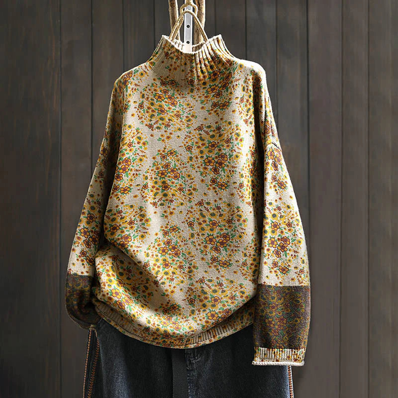 Buddha Stones Women's Knitted Floral Cotton Ribbed Hem Long Sleeve Mock Neck Sweater