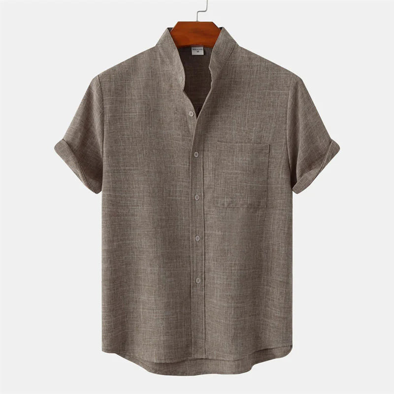 Buddha Stones Summer Men's Button Plain Short Sleeve Cotton Shirt With Pocket