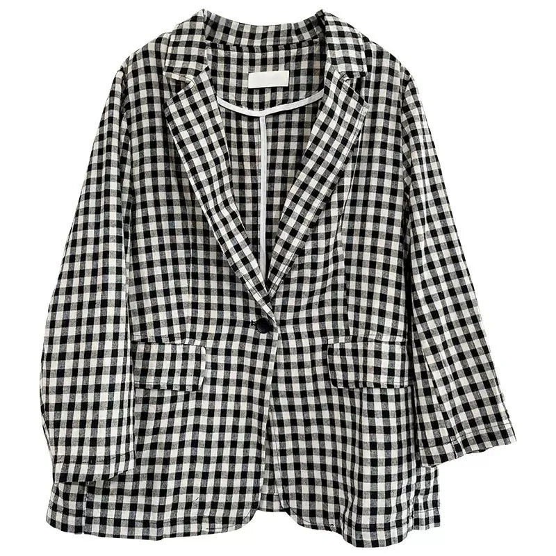 Buddha Stones Commute Plaid Pattern Women's Cotton Lapel Long Sleeve Jacket With Pockets