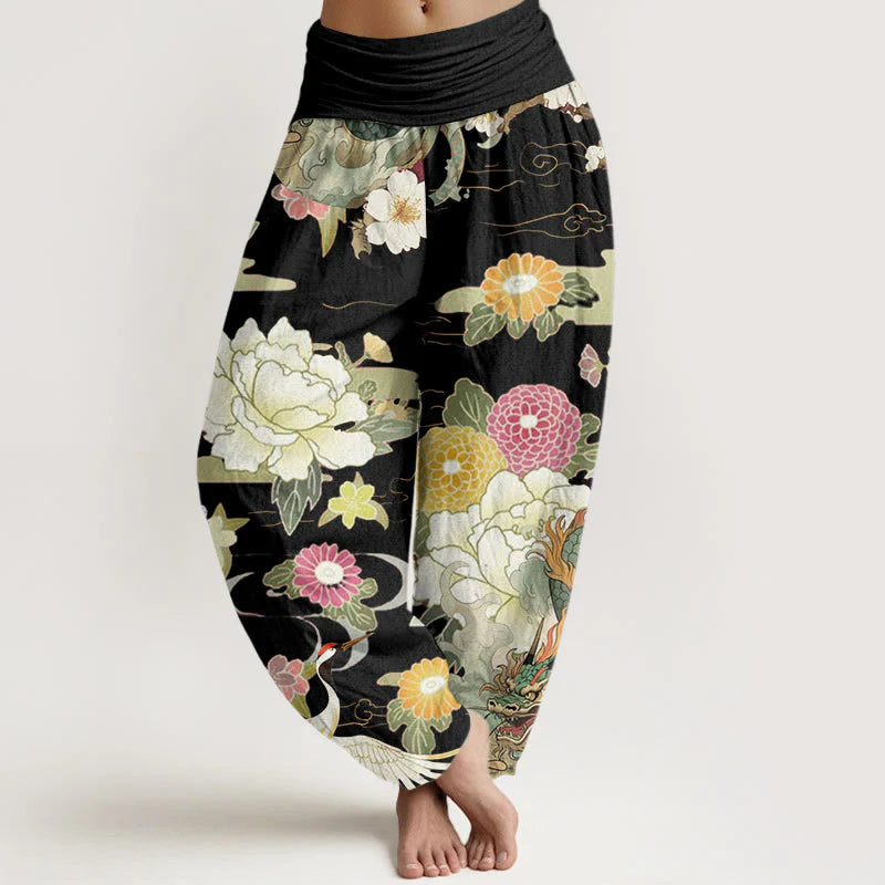 Buddha Stones Cotton Casual Dragon Red-crowned Crane Peony Flower Pattern Women's Elastic Waist Harem Pants