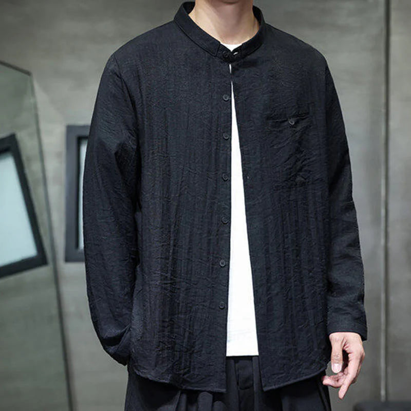Buddha Stones Spring Men's Solid Color Buttons Design Long Sleeve Shirt