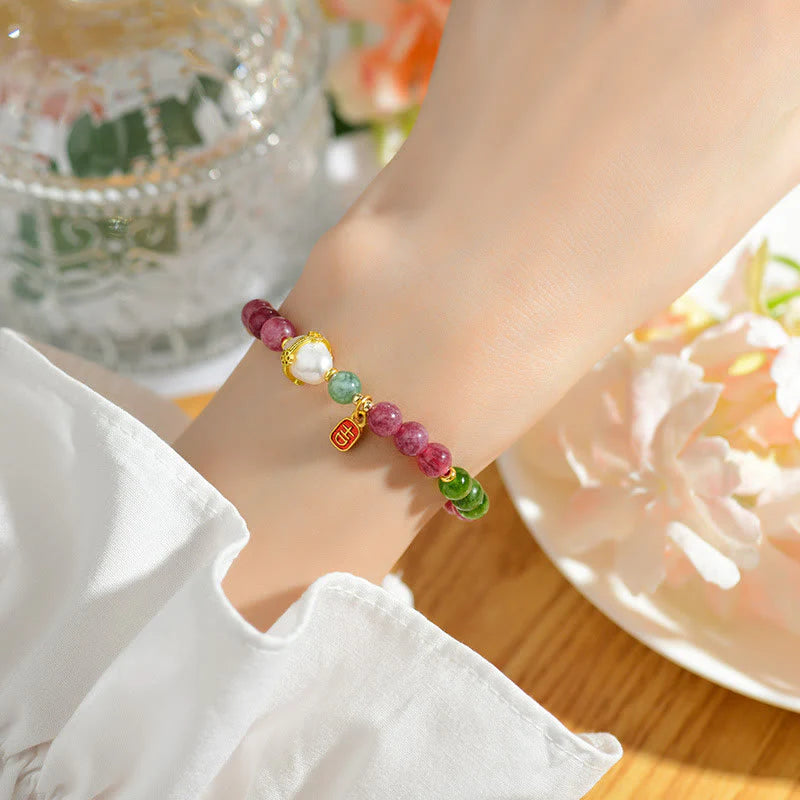 Buddha Stones Natural Multicolored Tourmaline Pearl Auspicious Character Charm Wisdom Bracelet (Extra 35% Off | USE CODE: FS35)