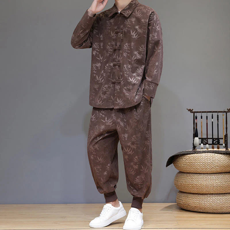 Buddha Stones 2Pcs Winter Thick Bamboo Men's Tang Suit Frog-Button Cotton Corduroy Long Sleeve Jacket Pants Set With Pockets