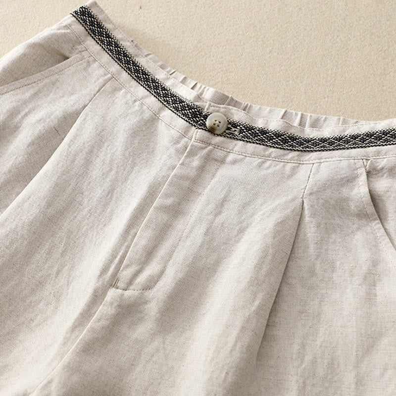 Buddha Stones Summer Plain Color 7-8 Length Cotton Linen Women's Wide Leg Pants With Pockets Zipper