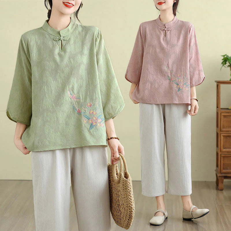 Buddha Stones Flower Embroidery Three Quarter Sleeve One Frog-Button Mandarin Collar Cotton Women's Shirt