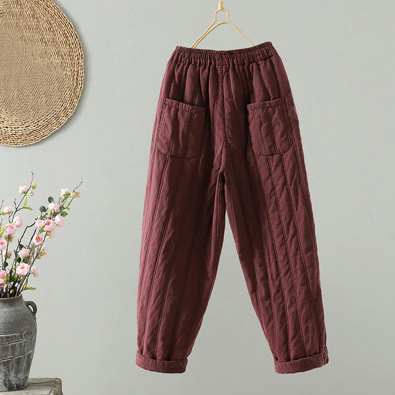 Buddha Stones Daily Plain Drawstring Design Women's Harem Elastic Waist Cotton Pants With Pockets