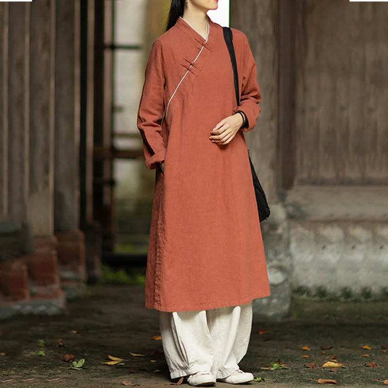 Buddha Stones Solid Frog-Button Long Sleeve Ramie Linen Midi Dress Cheongsam With Pockets
