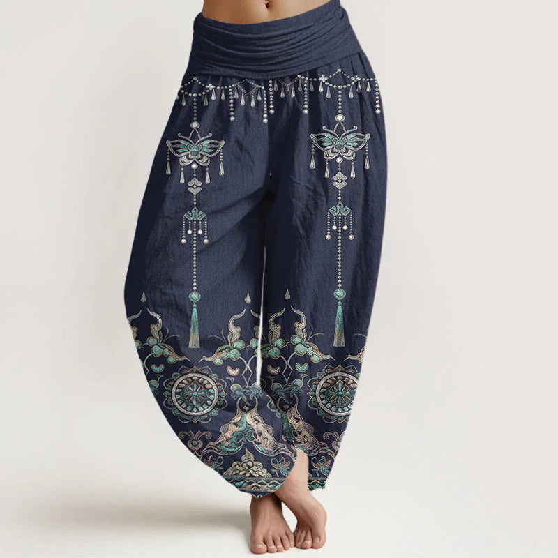 Buddha Stones Cotton Classic Jewelry Butterfly Flower Tassel Pattern Women's Elastic Waist Harem Pants