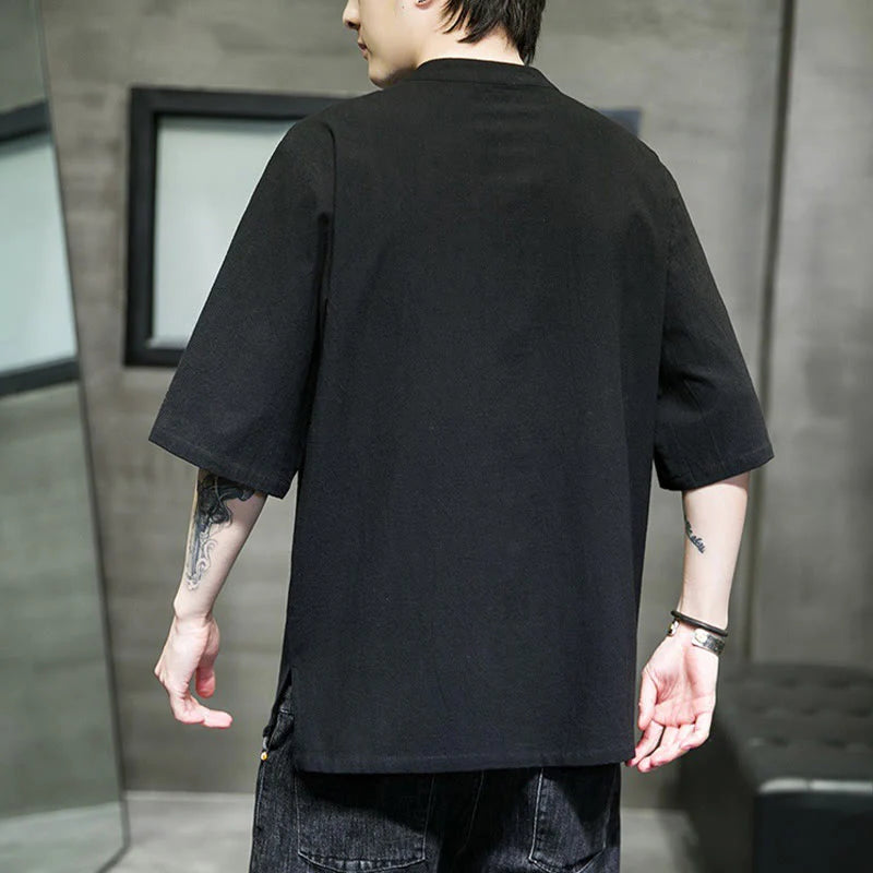 Buddha Stones Casual Solid Color Frog-Button Embroidery Men's Cotton Linen Shirt Cardigan