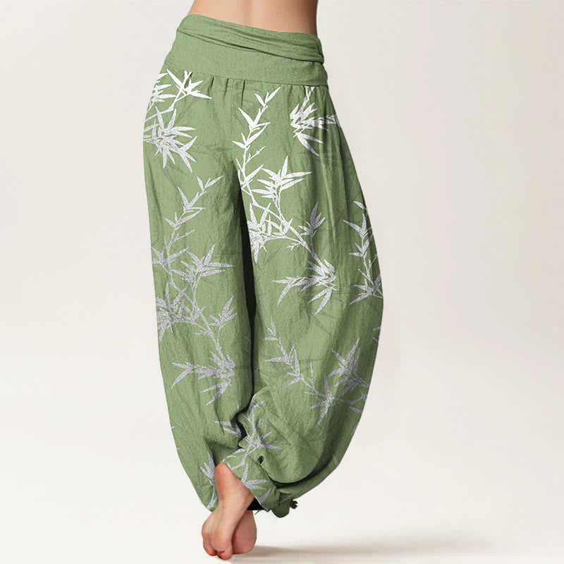 Buddha Stones Pure Cotton White Bamboo Leaves Women's Elastic Waist Harem Pants