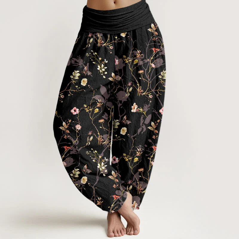 Buddha Stones Pure Cotton Retro Flowers Leaves Branches Pattern Women's Elastic Waist Harem Pants