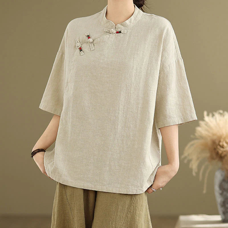 Buddha Stones Plain Chinese Frog-Button Stand Collar Design Women's Cotton Linen Half Sleeve Shirt