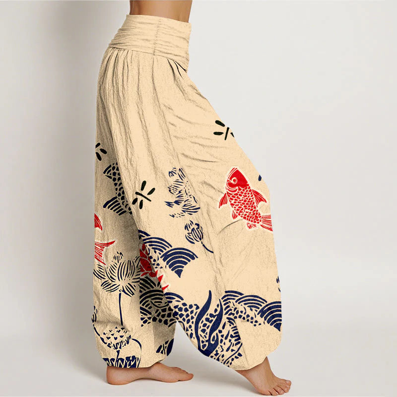Buddha Stones Pure Cotton Koi Fish Lotus Flowers OceanÂ Women's Elastic Waist Harem Pants