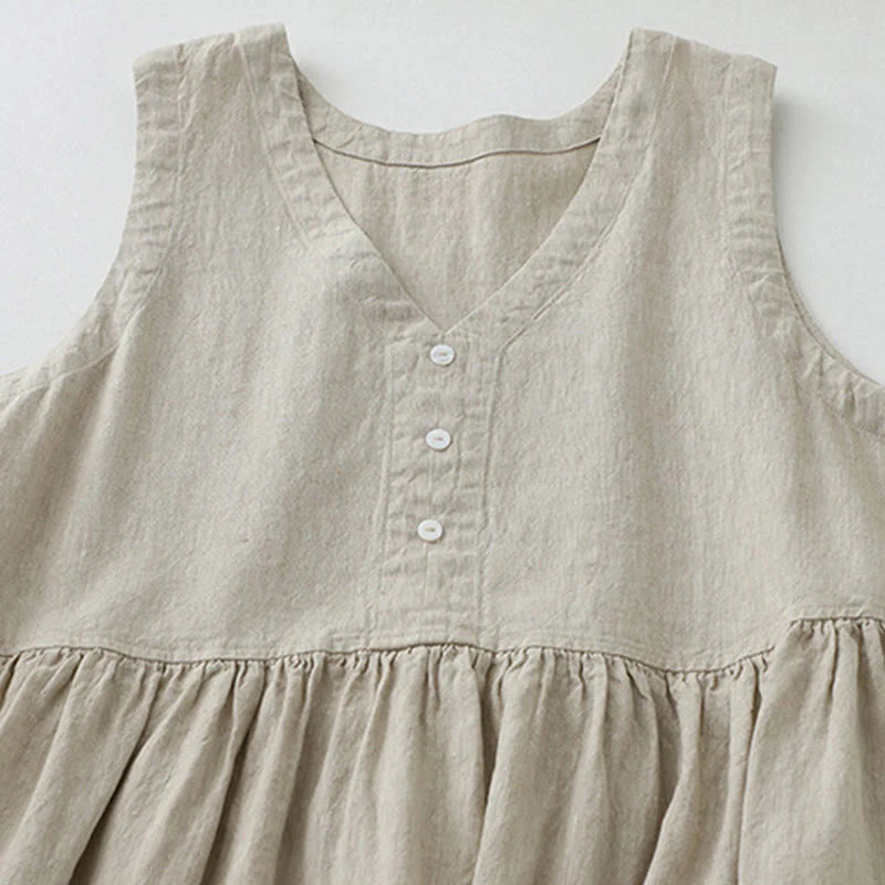 Buddha Stones Daily Casual Pure Color V-Neck Simple Buttons Design Sleeveless Midi Dress